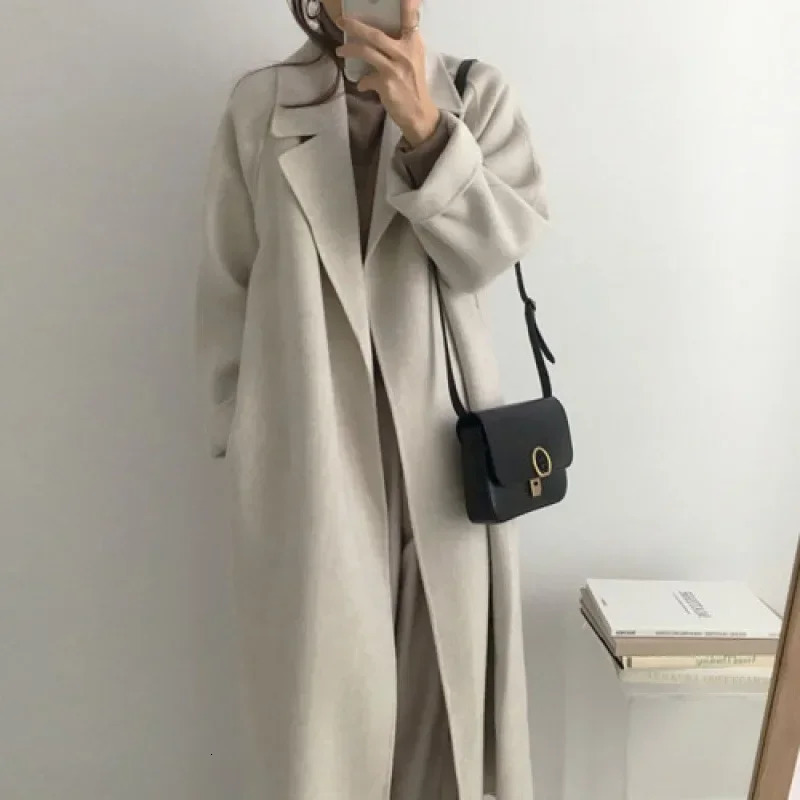 Long Wool Coats Women Midi Waist Lace Up Belt Blends Splice Full Sleeve Cardigan Solid Thick Warm Jackets Straight Winter 251028