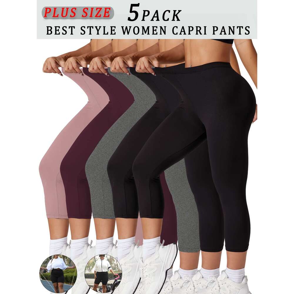 5 Packs Women's Sports Capri Set, Plus Size Plain Stretch High Rise Soft Yoga Running Leggings Pants 5Pcs Set