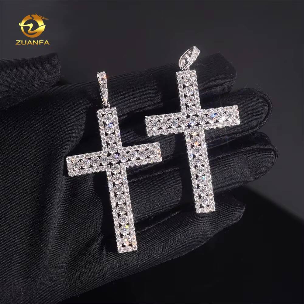 Fast Ship High Quality Moissanite Hip Hop Jewelry Cross Iced Out Pendant 925 Silver Moissanite Pendant With 316L Rope Chain