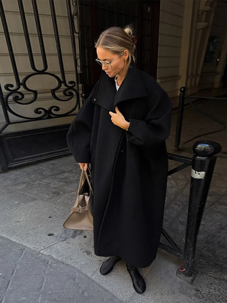Chic Stand Collar Long Woolen Coat Women Puff Sleeve Single Breasted Loose Warm Overcoat Autumn Winter Lady Outwear 251028