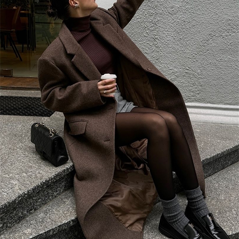 Brown Shoulder Pad Woolen Overcoat Women Elegant Lapel Singlebreasted Long Sleeve Coat Autumn Lady Outerwear 251021