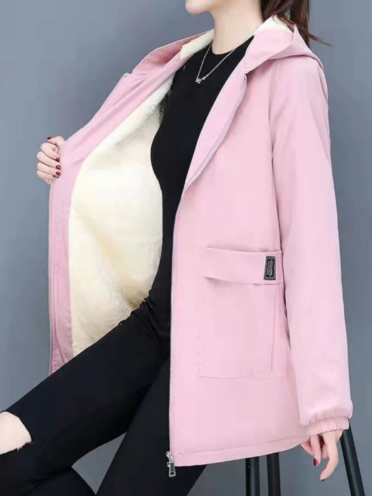 Sli Thiened Fce Womens Coat Autumn Winter Arrival Casual Mom Clothes Long Sve Hooded MidLength Polyester Fiber 251029