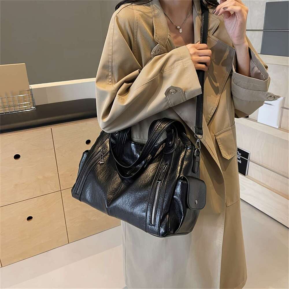 2025 New Women Large Capacity Tote Bag With Adjustable Strap, Multiple Zippered Compartments Front Pocket Brown, Versatile Commuter
