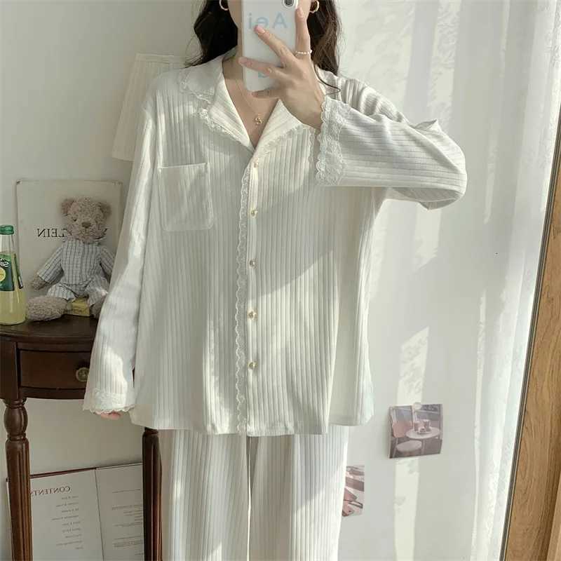 High Quality Korean White Pajamas For Women Sweet Lace Cotton Sleepwear Set Long Sleeve Autumn Winter Home Wear Pijamas SuitT251029