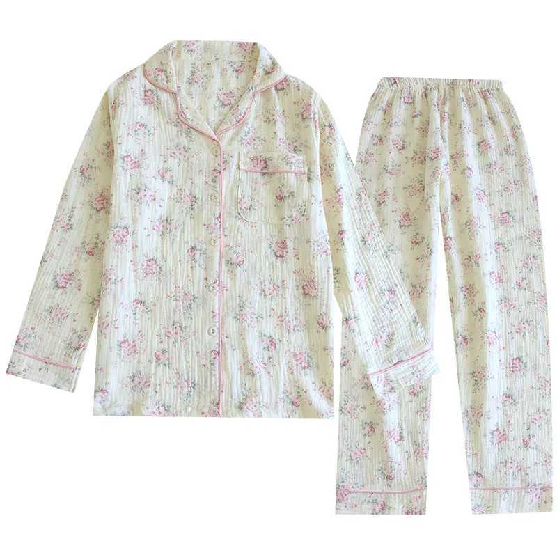 Autumn Long Sleeve Cotton Double Gauze Pajamas for Women Loose and Casual Plus Size Loungewear Lapel Flower Print SleepwearT251029