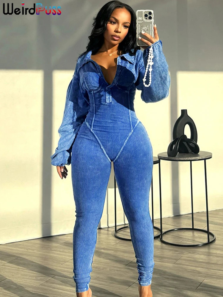 Weird Puss Washed Distressed Jumpsuit Women Ribbed VNeck Solid SKinny Long Sleeve Fall Casual Trend Simple Activity Streetwear 251027