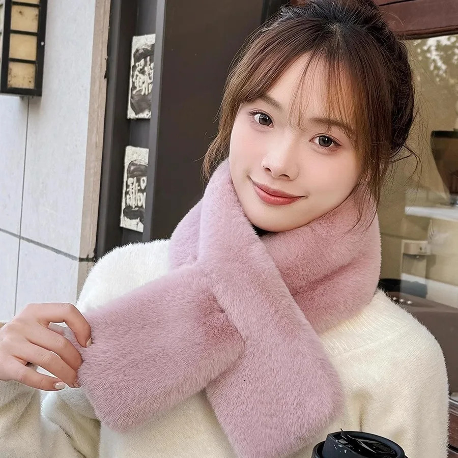 Women Winter Warm Thicken Cross Collar Scarf Solid Color Faux Rabbit Fur Cold Proof Scarves Fashion Soft Furry Neck Warmer 251029