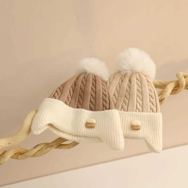 1 Piece Warm Baby Beanie for Boy Girl Beige Coffee Color Cartoon Flap Crochet Bonnet for Toddler Autumn Winter Knitted Hat251028
