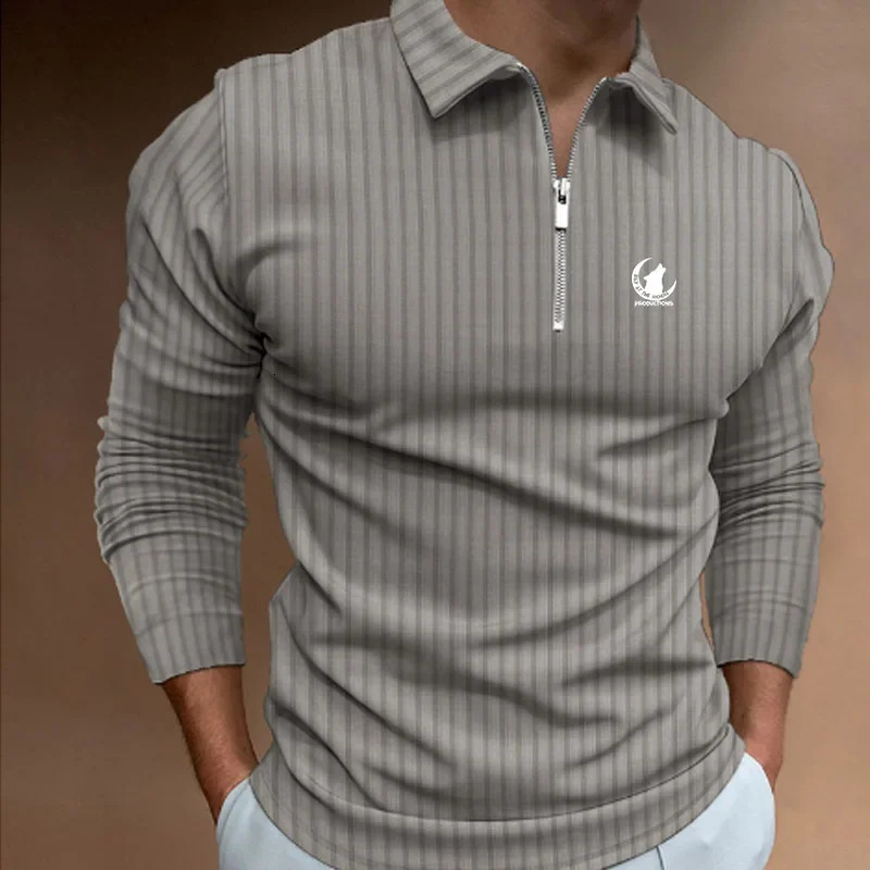 Men Clothes Long Sleeve Zipper Stripe Polo Shirt Casual Tops Fashion Slim Sport 251016