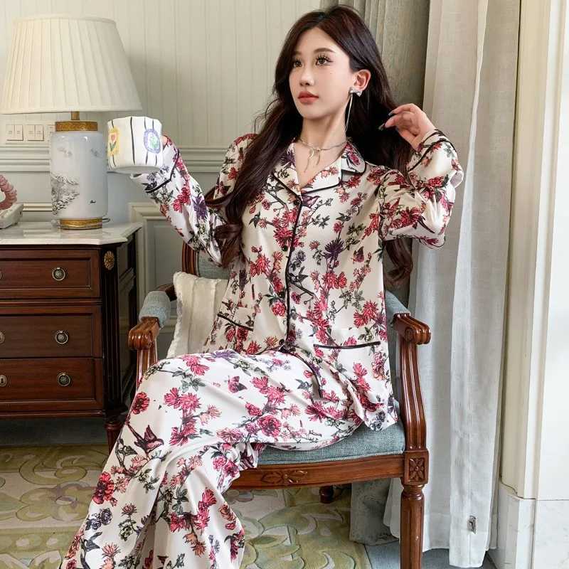 Womens Silk Pajama Set Satin Sleepwear Long Sleeve Top with Pants 2Piece Loungewear Pj Suit Pyjama for Comfortable NightwearT251029