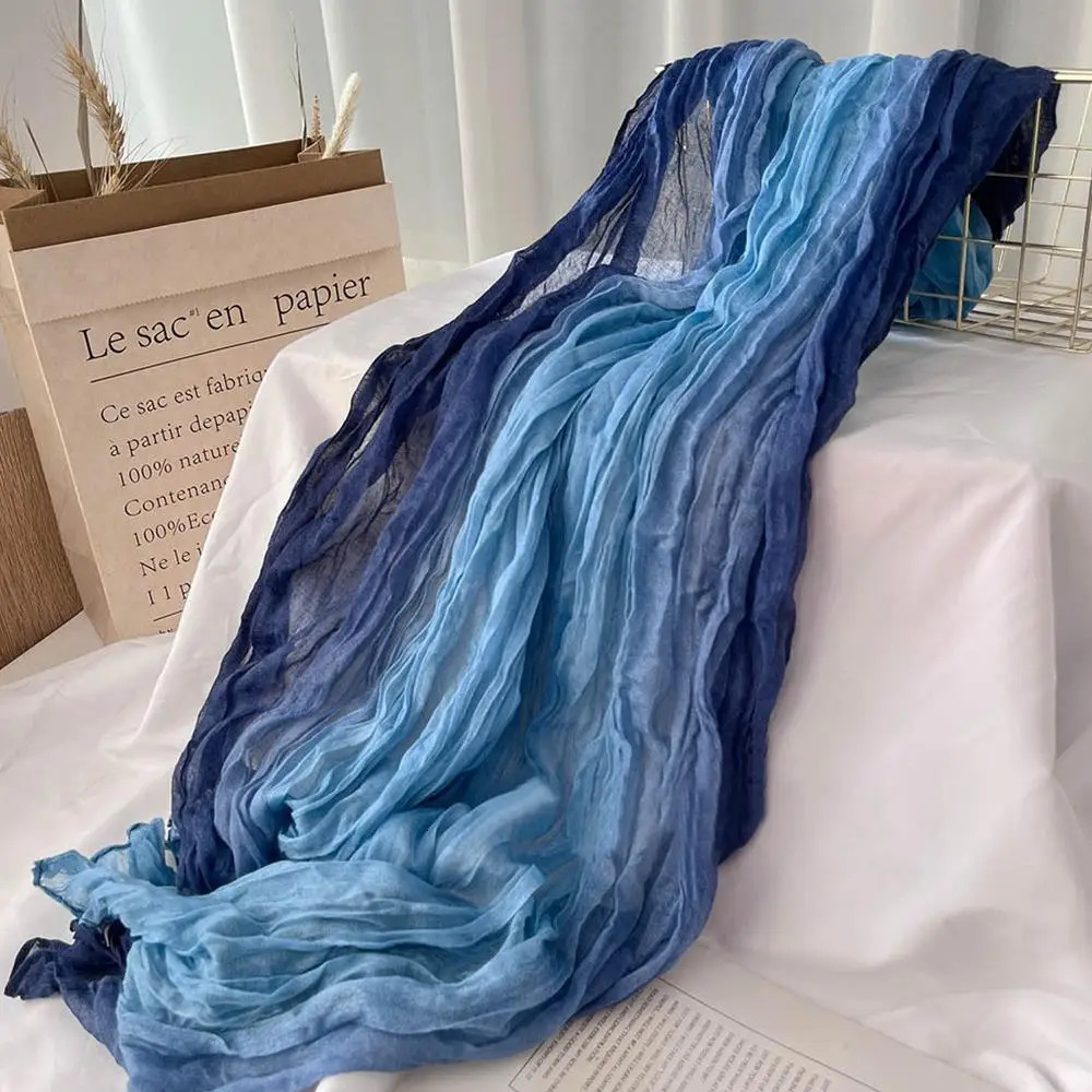 180x90cm Scarf Cotton Hemp Gradient Blue Autumn Winter Korean Versatile Printed Women Long Soft Fashionable Trend Fold Shawl DIY 251029