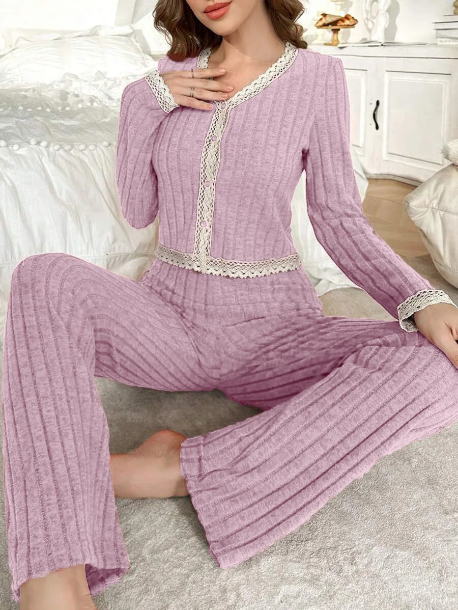Autumn Winter Flannel Pyjama Set for Womens Thickened Long Sleeve Top and Elastic Waistband Trousers Sleepwear Loungewear 251029
