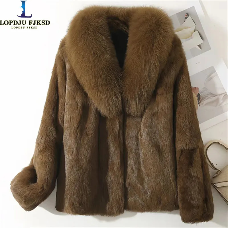 Real Rex Rabbit Fur Coat for Women Autumn Winter Short Jacket Thick Warm Fox Fur Collar Elegant Female Warm Outerwear 251029