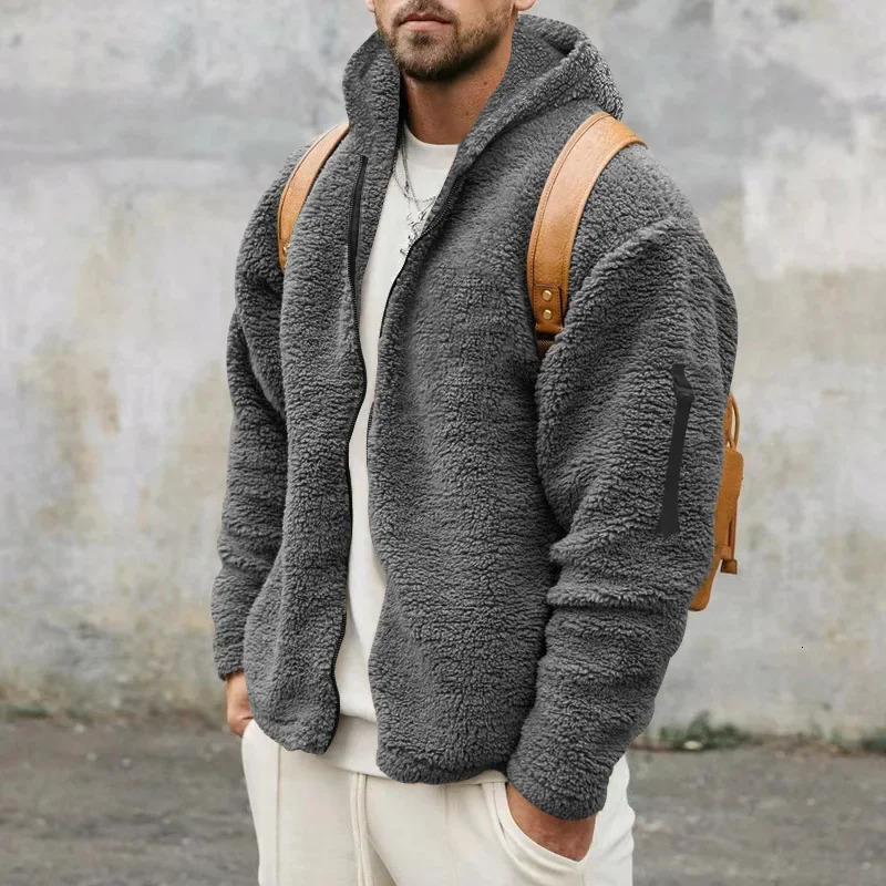 Mens DoubleSided Fleece Warm Jacket Loose Hooded Casual Autumn Winter Outerwear High street trend sweatshirt 251029