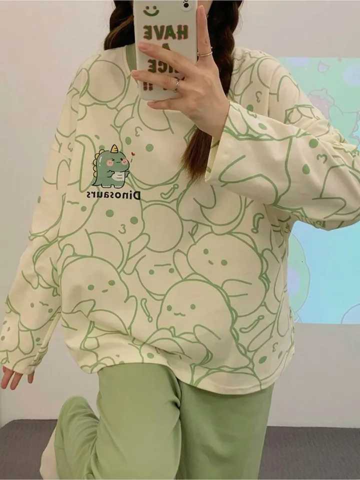 2Piece Womens Casual Pajama Set Dinosaur Print LongSleeve Top Long Pants Suitable for All SeasonsT251029