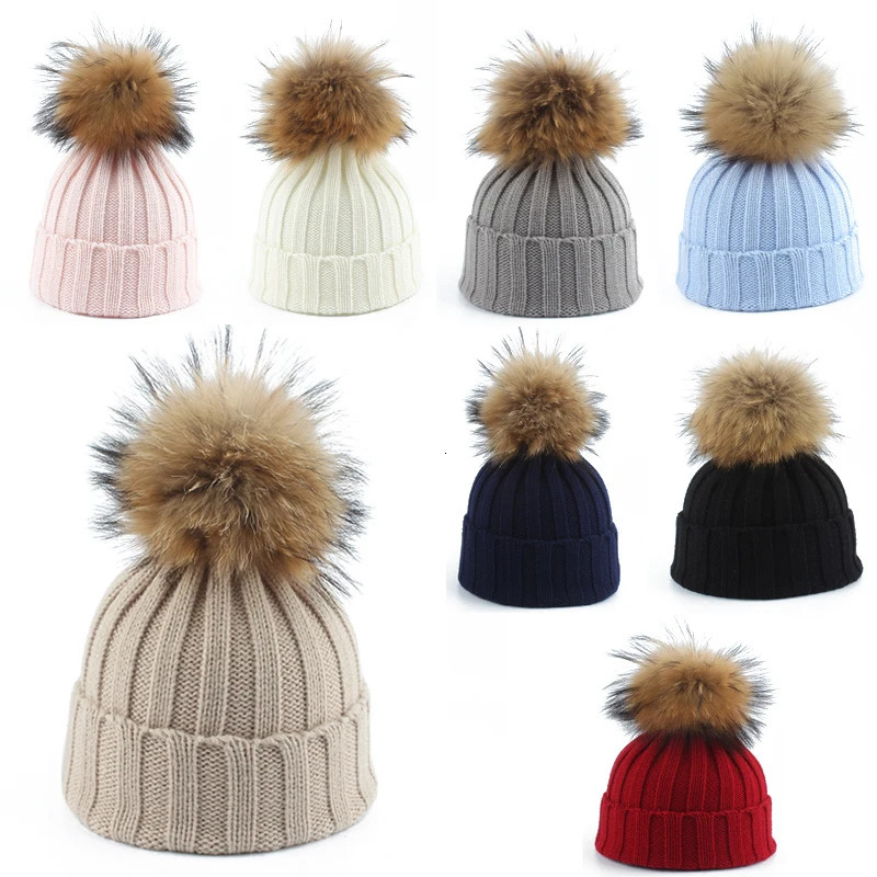 Big Fur Pom pom Beanie Hat Parent Kids Warm Knitted Winter Hats Baby Girls Boys Real Raccoon Fur pompom Beanies Cap 251029