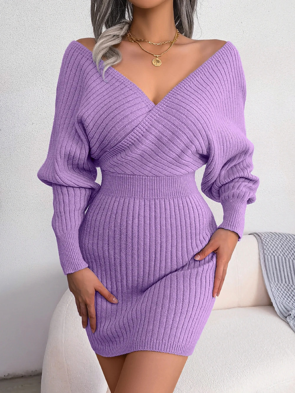 Bodycon Sweater Dresses For Women Autumn Winter Casual Long Sleeve Knitted Clothes White Green Blue Black Purple 251029