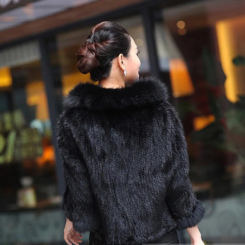 Ladies Autumn Winter Genuine Knitted Mink Fur Shawls Fox Fur Collar Women Fur Pashmina Wraps Bridal Cape Coat Jacket 251029