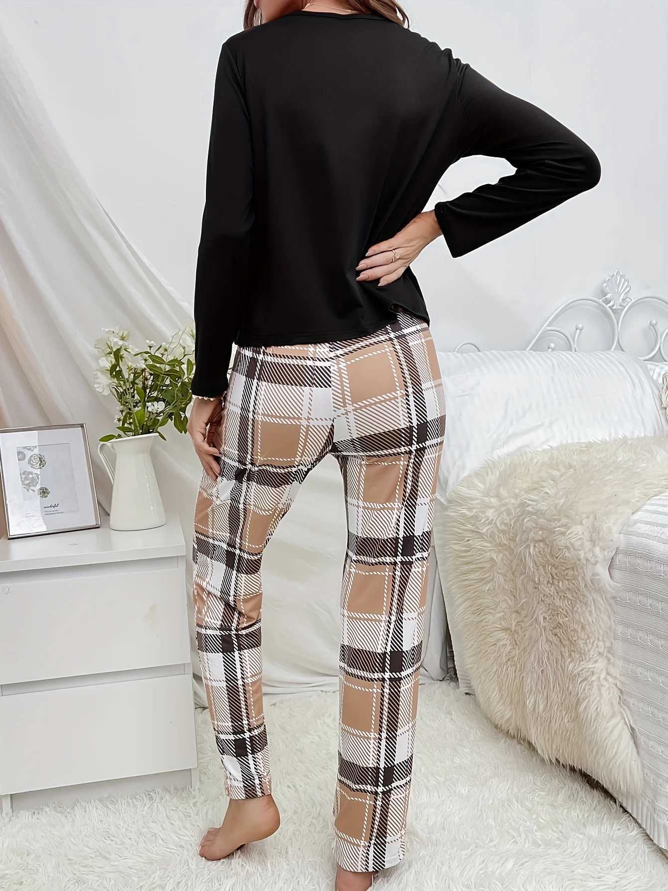 Womens new style pajamas set cartoon bear longsleeved top plaid trousers homewear 2 setsT251029