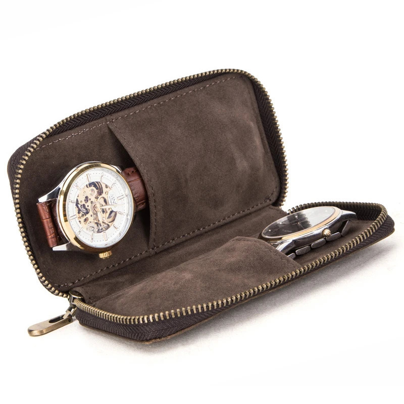 Rustic Leather 2Slot Watch Box Pouch with Zipper Portable Organizer Bag Holds 2 Watches Brown 251029