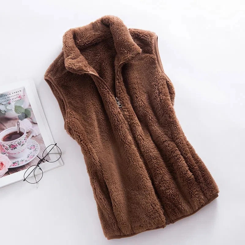 Autumn Winter Polar Fleece Vest Women Coat High Collar Zipper Sleeveless Jacket Warm Coral Velvet Vest Female Waistcoat 4XL 251029