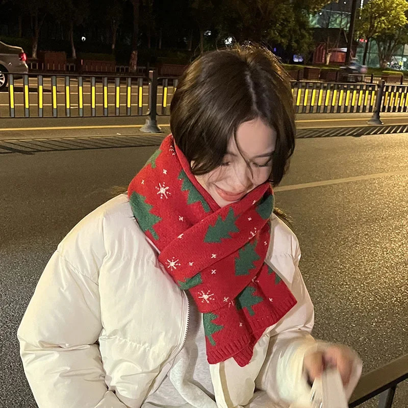 1 Pairs Christmas Tree Red Knitted Scarf Womens Match Christmas Gift Autumn and Winter Warm Neck Protection Scarf Green Scarf 251029