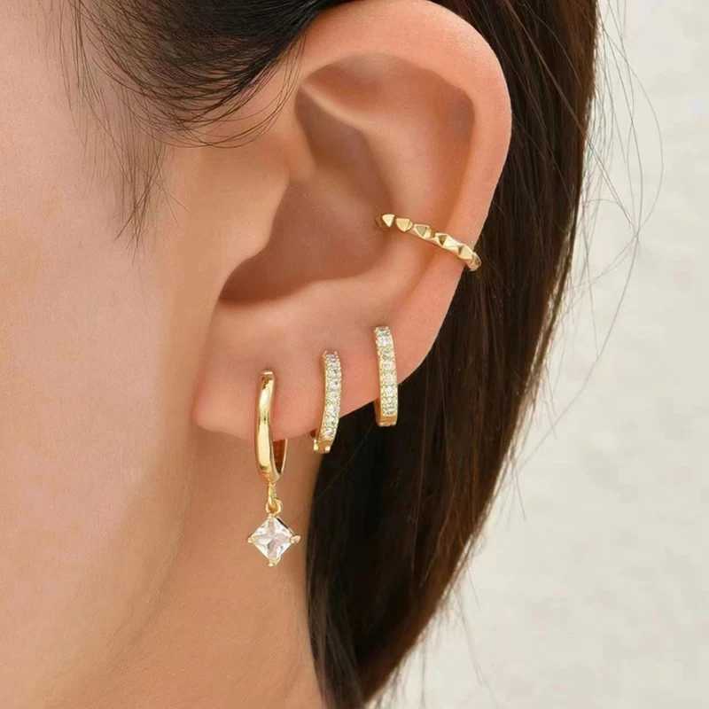 4pcs Classic CZ Zirconia Dangle Earrings for Women Silver Color Piercing Hoop Earrings Woman Fashion Jewelry Elegant AccessoryW251029