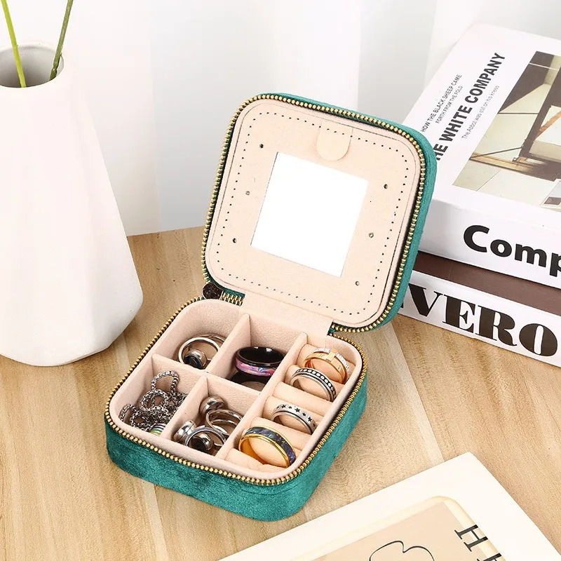 1pc Multifunction Velvet Mini Jewelry Storage Box With Mirror Portable Necklace Earring Ring Zipper Square Display Case 251013