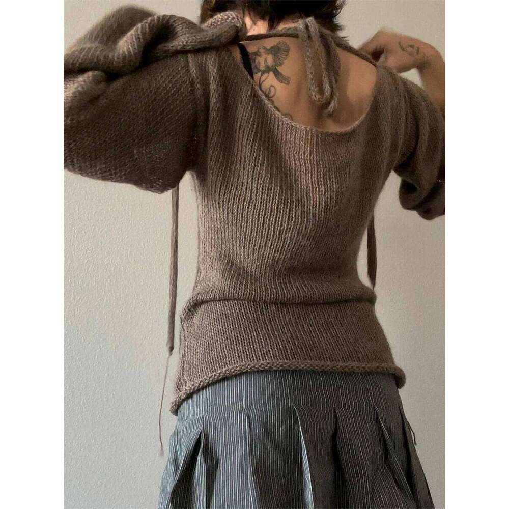 Fashion Women's T-Shirt Tie Back Sweaters Long Sleeve Boat Neck Solid Color Knit Pullover Casual Tops Streetwear Y2k Summer Cami Designer Sweater