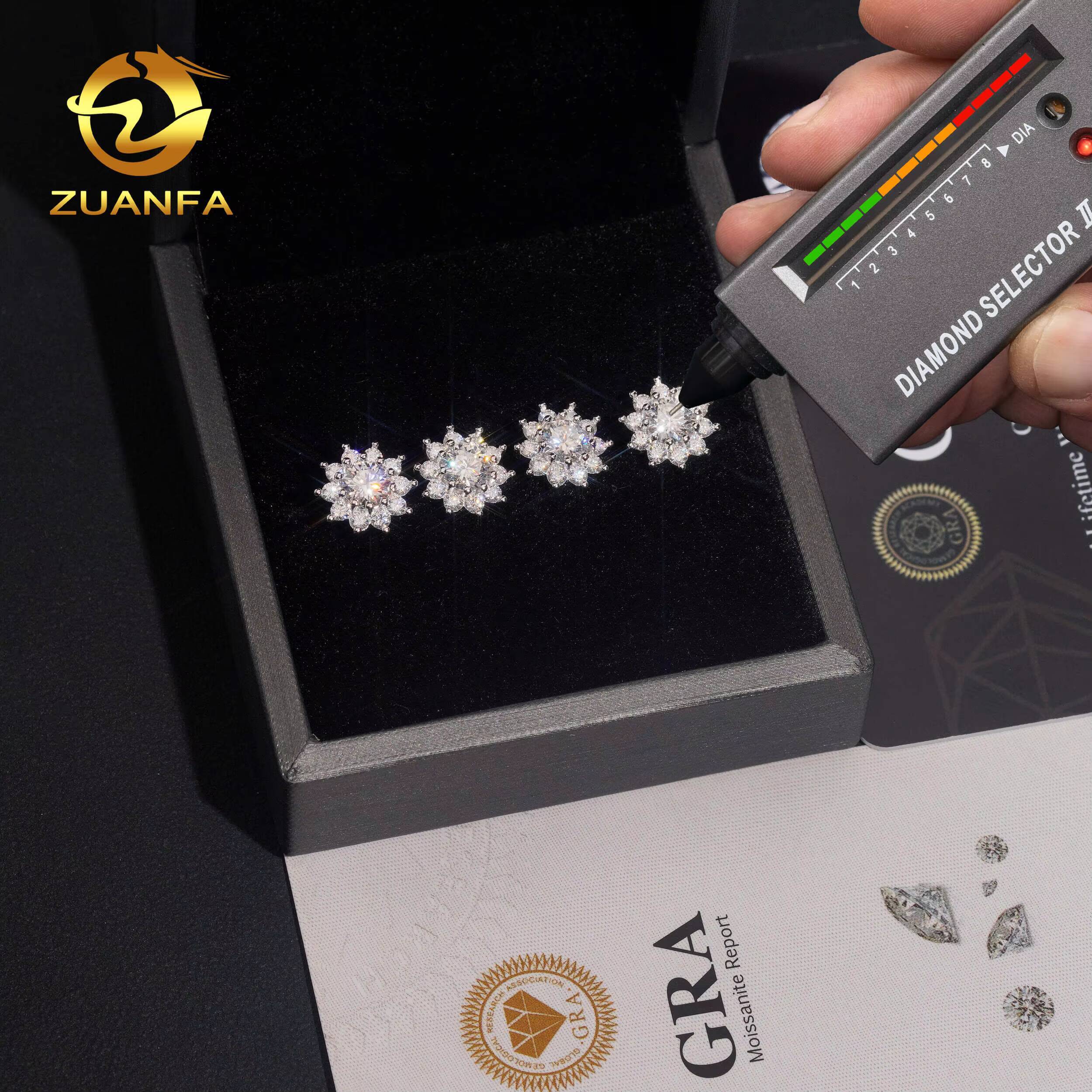 USA Local Stock 10mm Flower Moissanite Iced Out Stud Earrings Cluster Hip Hop 925 Silver Ear Studs Pass Diamond Tester