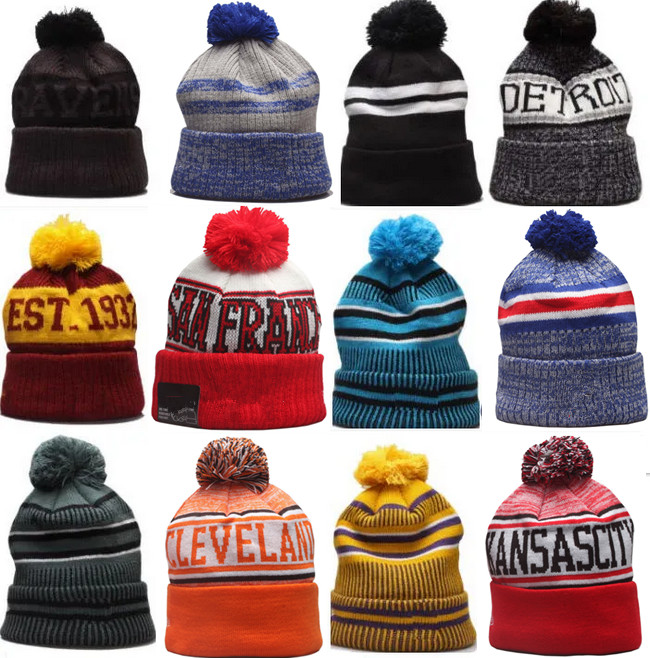 Wholesale knitted Designer Mens Cuffed Pom ChiEfs Beanies LIoNs 49Ers EaGLes BIlls VIKiNgs Sports PaCkers BRoNcos Knit Hat SteeLers bonnet Chargers Rams Wool Warm