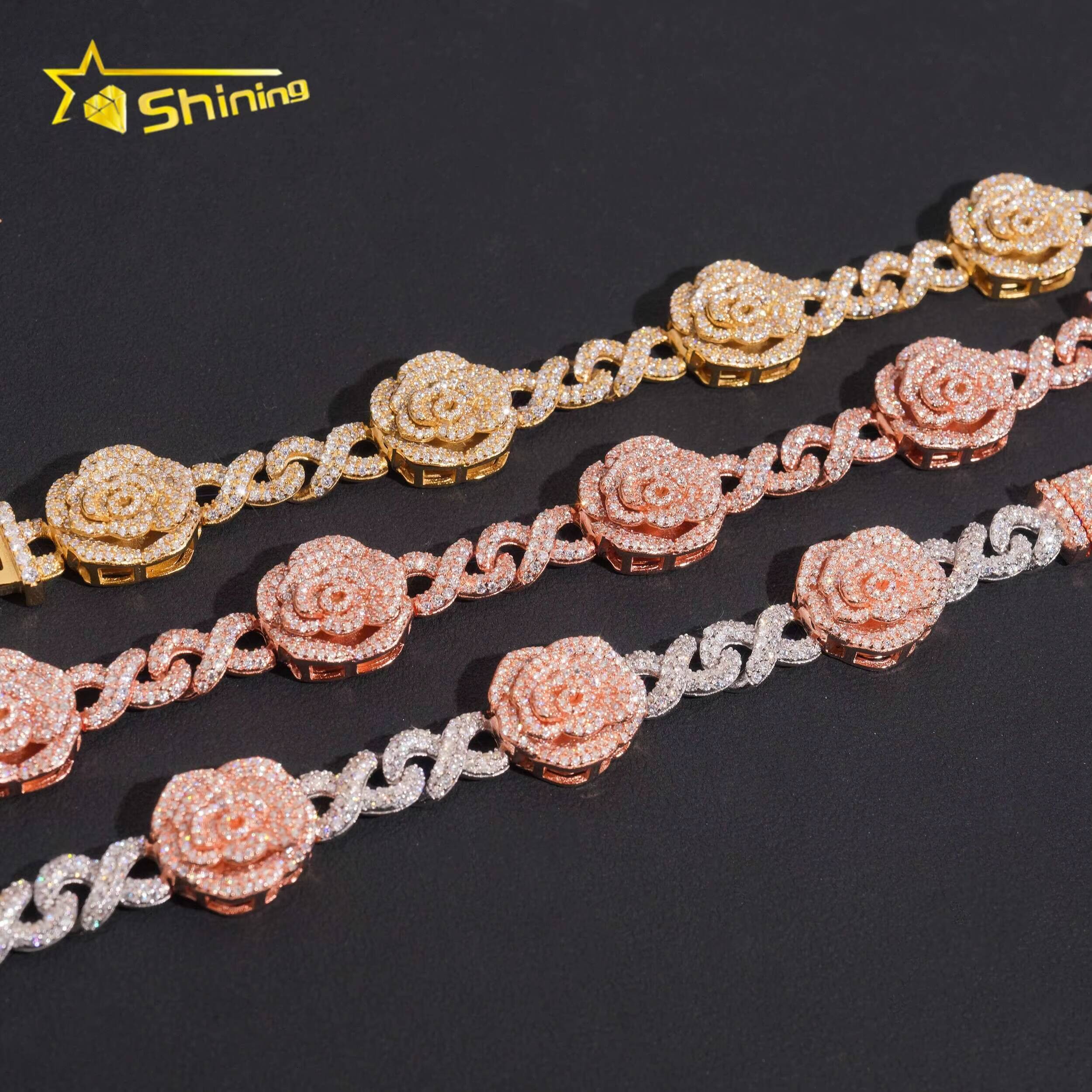 Luxury Iced Out Rose Style Moissanite Cuban Bracelet Hip Hop Custom 925 Sterling Silver Bracelet for Men Women