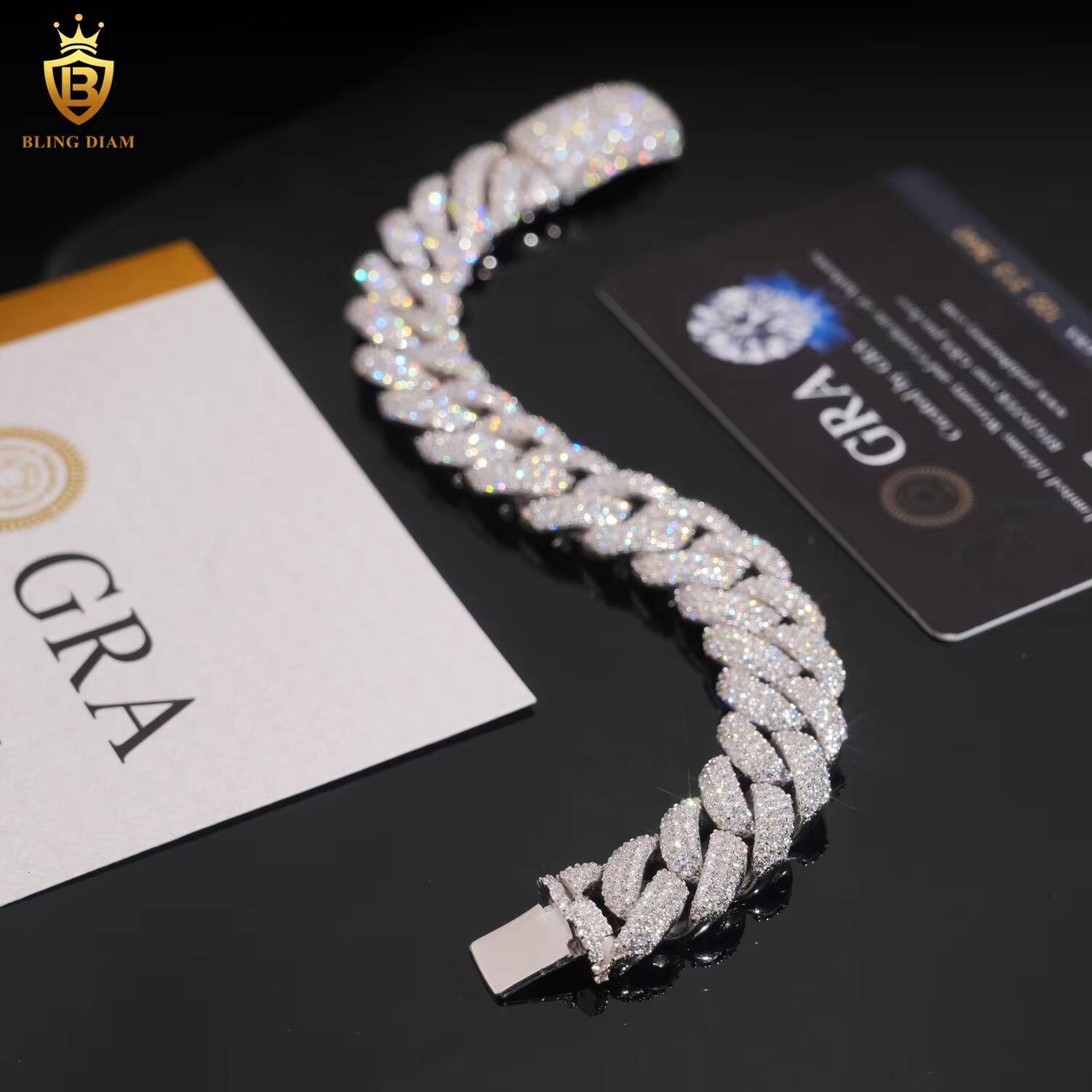 Fashion 15mm Crescent MoonShaped Moissanite Cuban Chain Bracelet Pass Diamond Tester VVS Moissanite HipHop Chain 925 Silver GRA