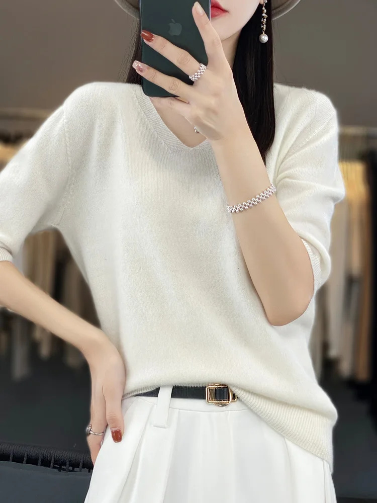 Women VNeck 100 Merino Wool Cashmere Tshirt HalfSleeve Pullover Sweater Spring Summer Knitwear Soft Fashion Comfortable Tops 251029