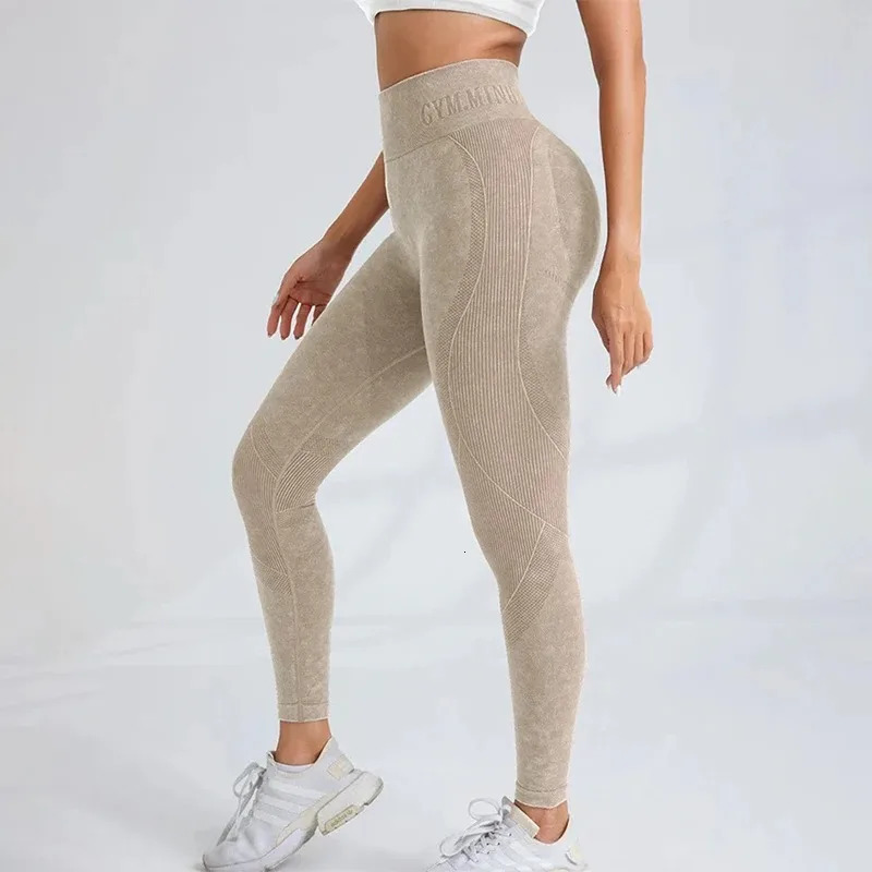 Women Seamless Gym High Waist Yoga Pants Hip Lifting Outdoor Sports Tight Letter Sand Washed Exercise Leggings 251029