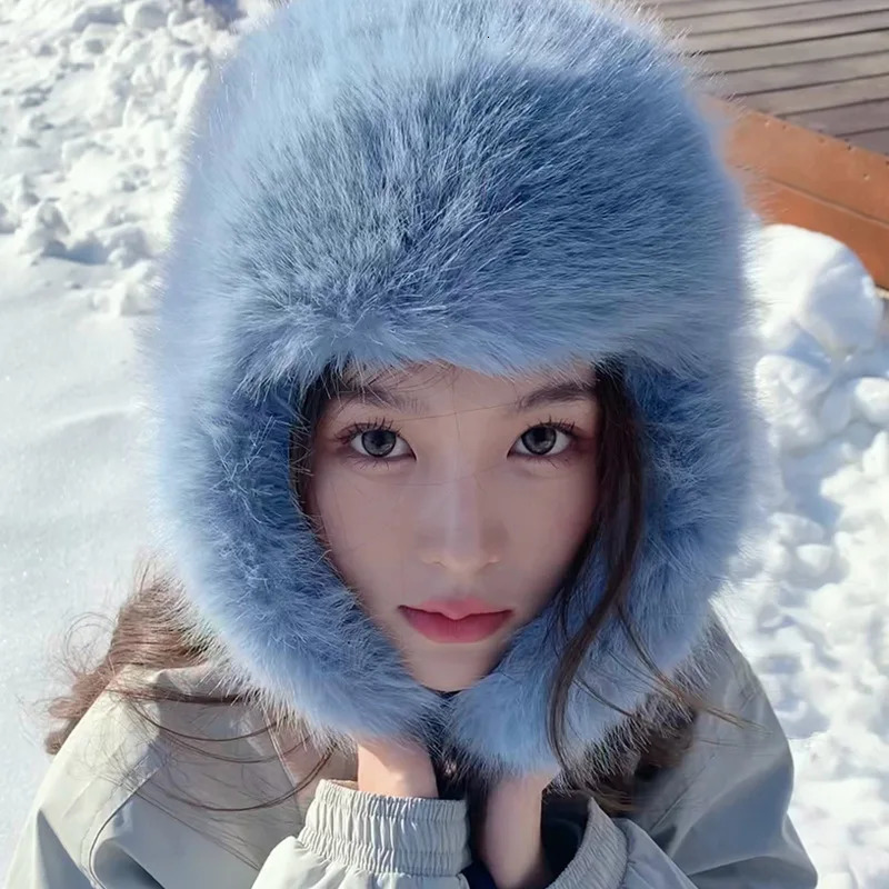 Fashion Women Plush Fluffy Bomber Hats Y2K Blue Marten Fur Windproof Warm Ear Protection Ski Hat Winter Beanies Hat 251029