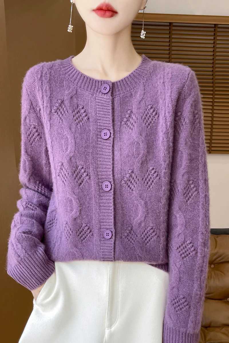 Autumn Winter Twist Flower Single Breasted 100 Merino Wool Womens Cardigan Thick ONeck Casual Loose Sweater Coat TopsT251028