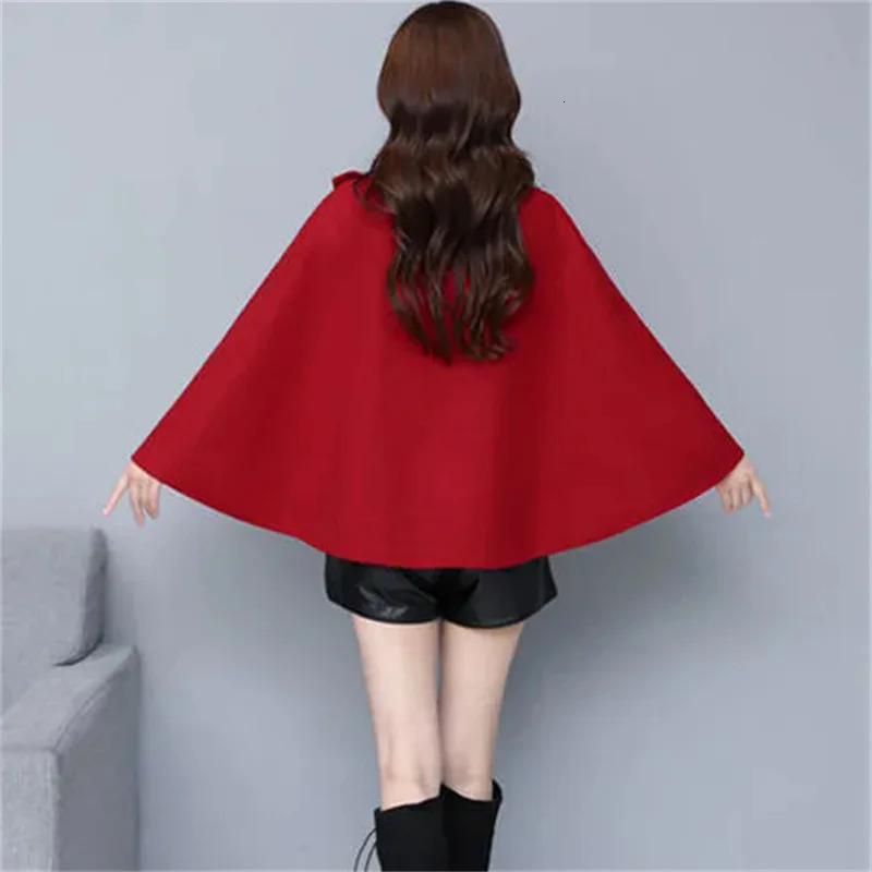 Fashion Woolen Shawl Coat For Women 2025 Autumn Winter Woolen Jacket Short Outerwear Cape Red Black Coat Tops Female 251029