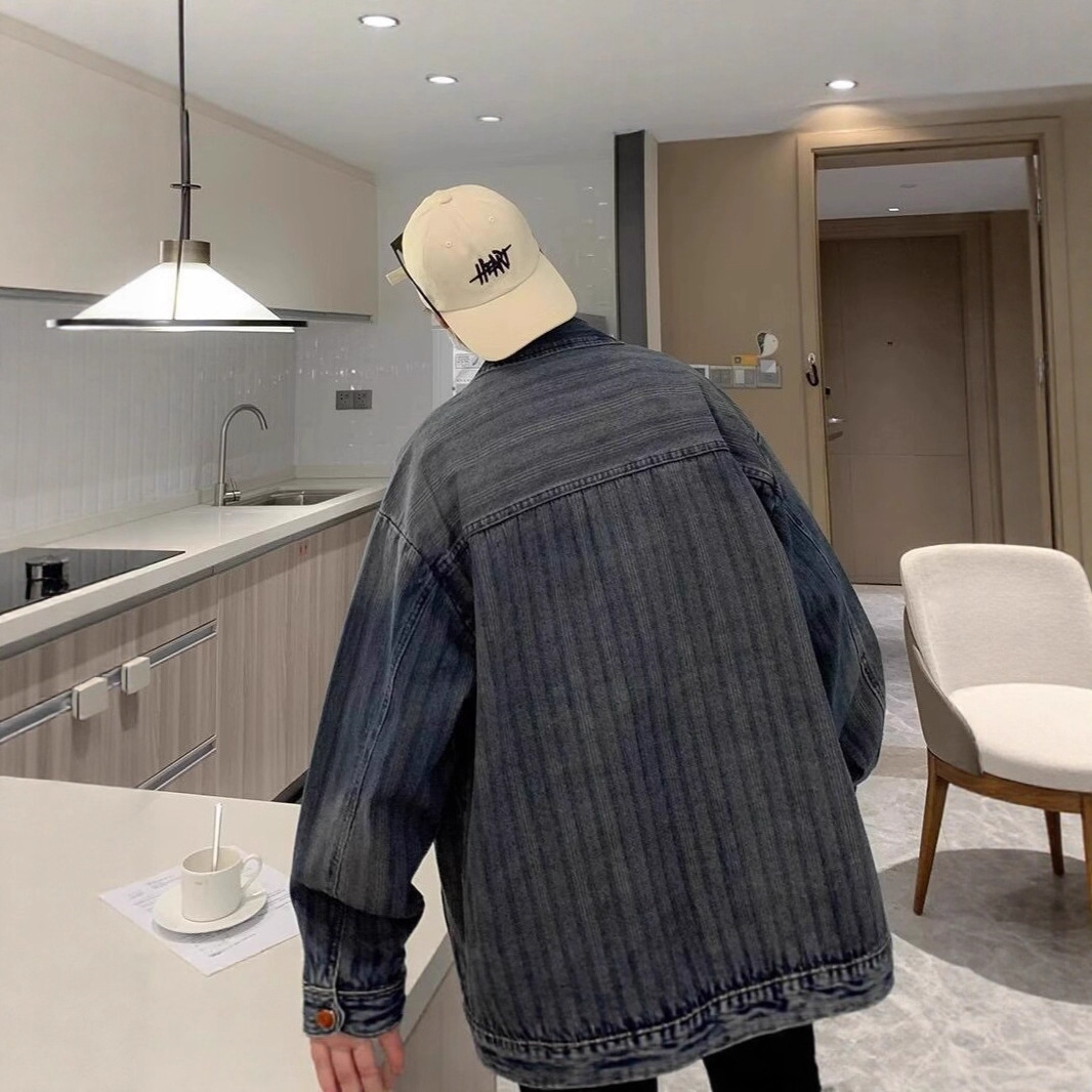 Spring And Autumn Designer Jacket Design Sense Niche Casual Trendy Loose Workwear Striped Denim Jacket Men's Top