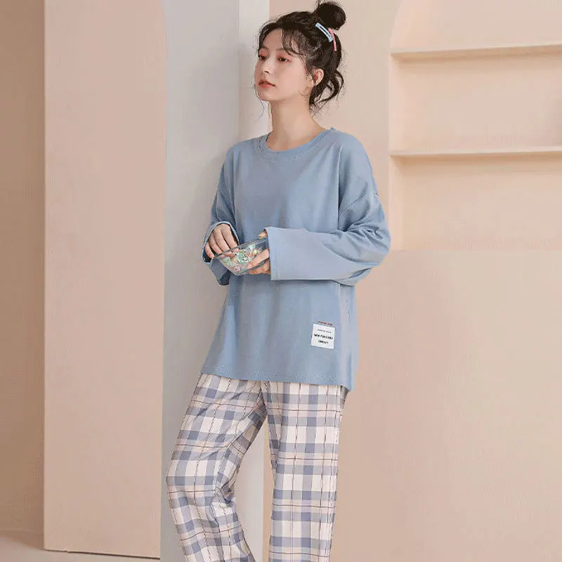 Womens Spring and Autumn Pajamas Loungewear Set Long Sleeve Korean Fashion Casual Plaid 251029