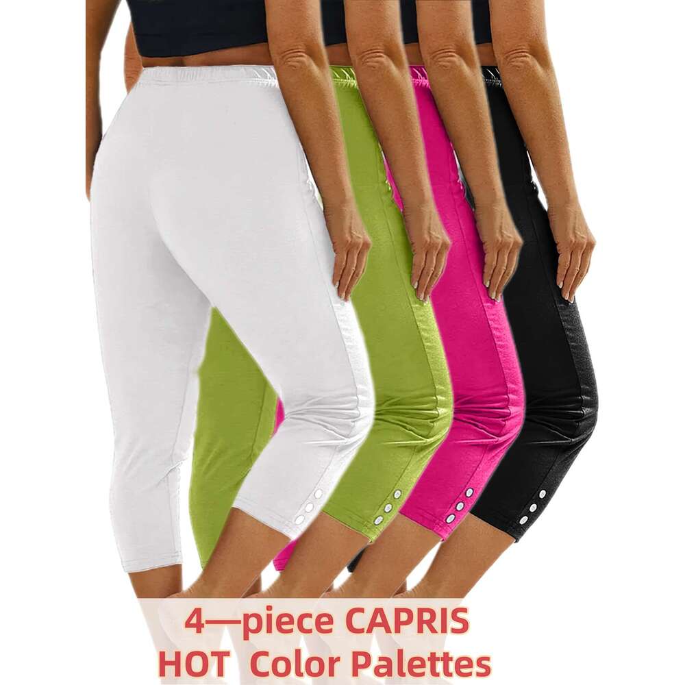 4pcs 7-inch High Waist Capri Leggings Women, Stretchy Comfortable, with Button Decor, Perfect for Yoga, Running & Fiess Workouts - Green, White, Pink,