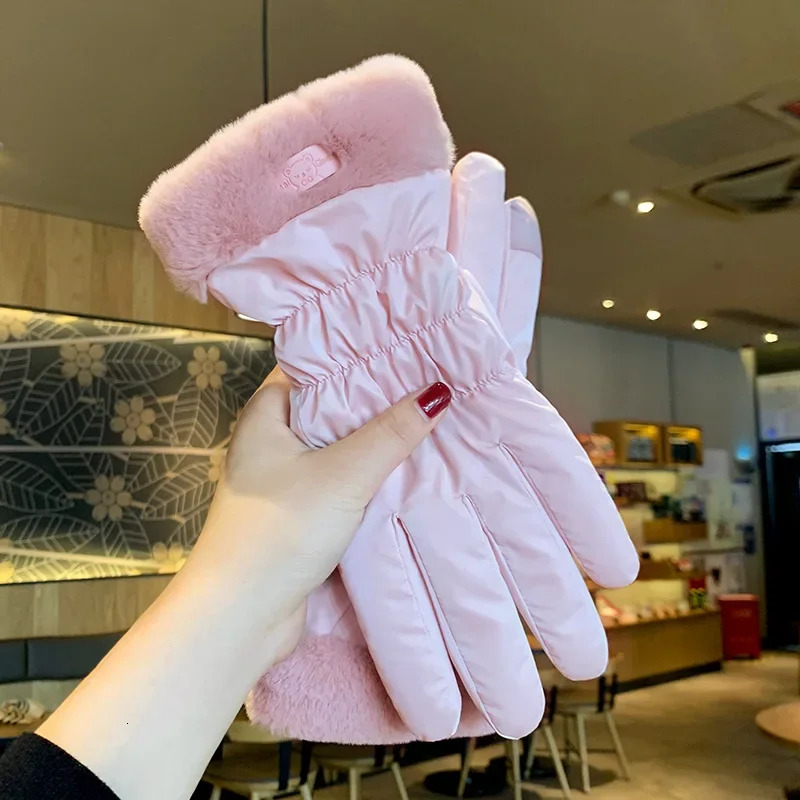 Ski Gloves Women Winter Fleece Thickened Warm Plush Cotton Waterproof TouchScreen Gloves For Outdoor Riding Mountaineering 251029