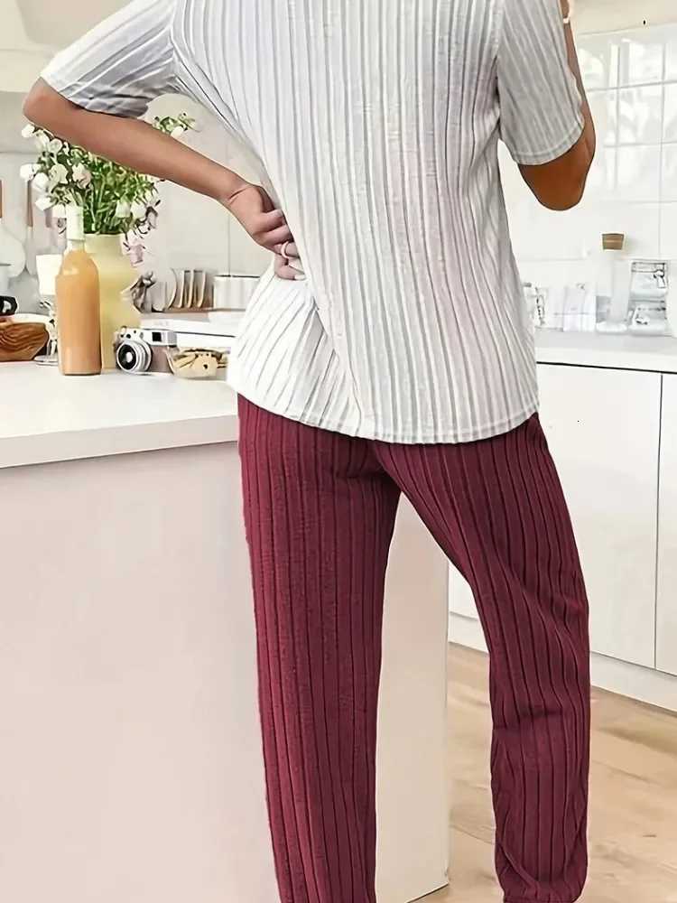 Autumn Winter Round Neck Short Sleeve Long Pants with Ribbed Stripes and Letter Heart Print Womens Pajamas Home WearT251029