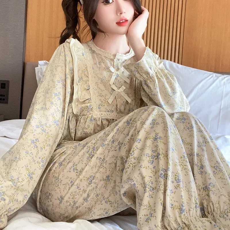 Ladies Pajamas Garden Style Student Casual Long Sleeve Pants TwoPiece Bow Set Nightwear Women Four Season Academic AtmosphereT251029