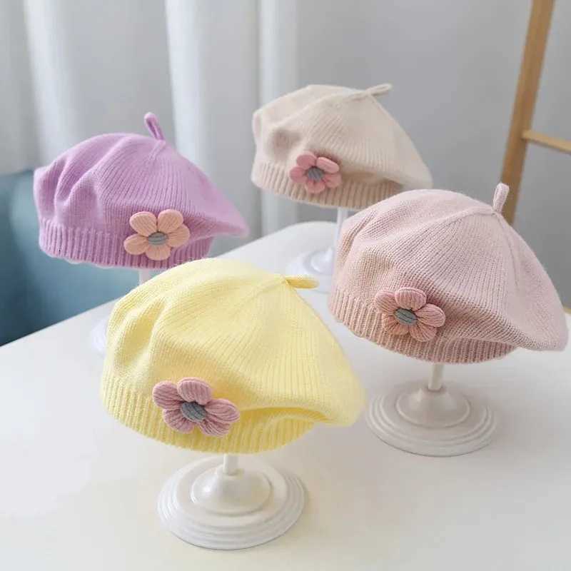 Solid Color Cute Flower Baby Hat Winter Warm Knitted Beanie Cap for Infant Girls Korean Toddler Kids Princess Artist Painter Cap251028