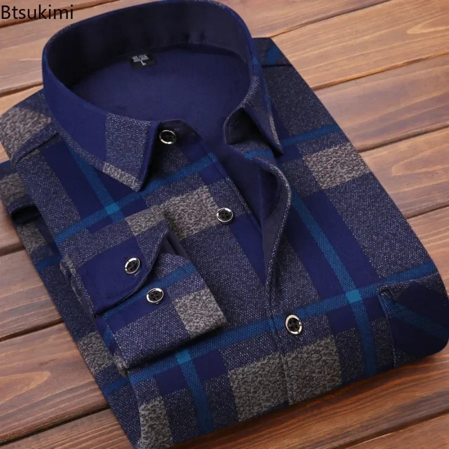 Mens Winter Warm Long Sleeve Plaid Shirts Flannel Fur Lined Thick Formal Fleece Casual Shirt for Men Dress 251029