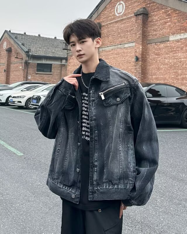 Trendy High Street Tie-dye Denim Jacket For Men American Casual Zipper Designer Jacket Design Cool Loose Workwear Jacket