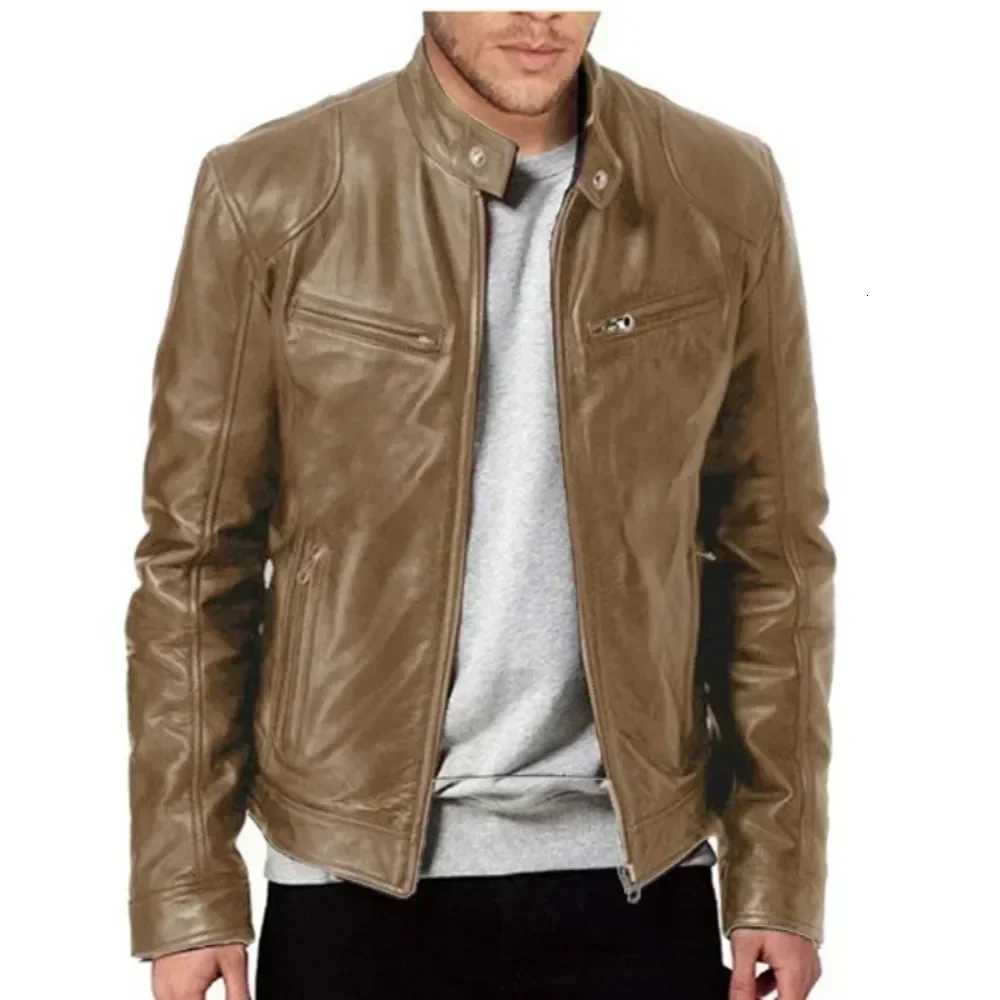 2025 Leather Motorcycle Jacket Men Stand Collar Casual Slim ShortCoat PU Jacket Autumn Winter Windproof Leather Coat Blazer MenT251029