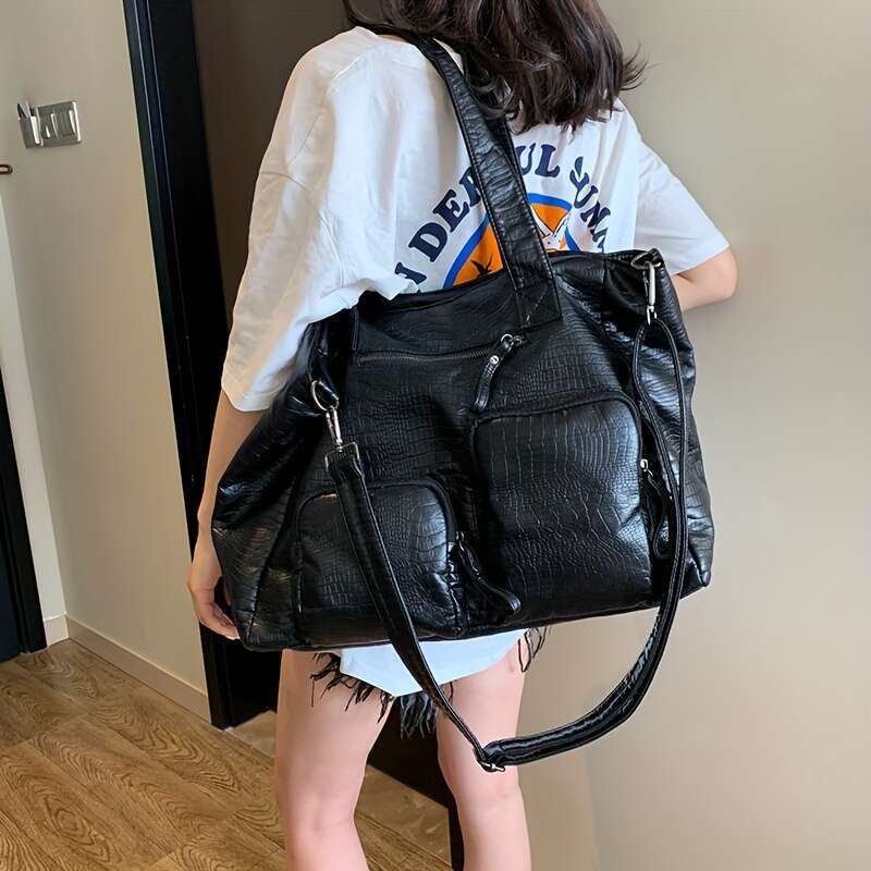 Black Crocodile Pattern For Women Capacity Multi Shoulder, Stylish Versatile For, Work, Shopping, Travel, And Everyday Use, Travel Modern