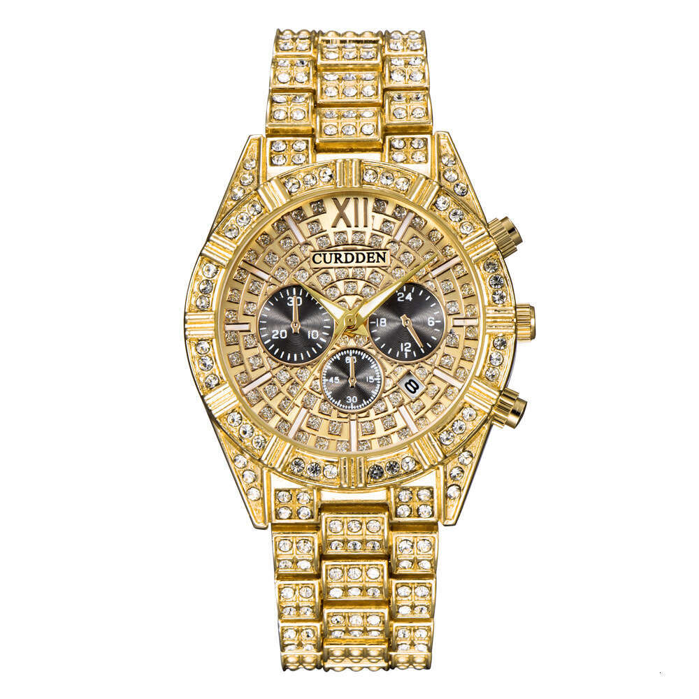 Brand Diamond-Studded Men's New Hip-Hop gold Calendar Quartz Watch for Men